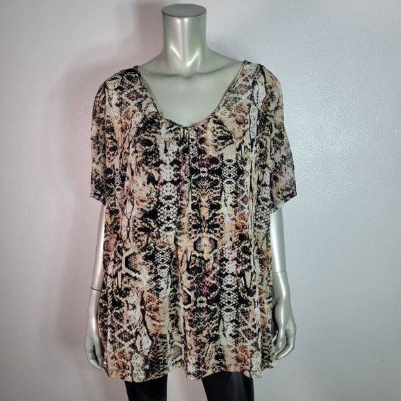 Apt 9 Tunic Top Plus Size 0X Snake Print Attached Tank Casual Stretch Brown - Picture 2 of 6